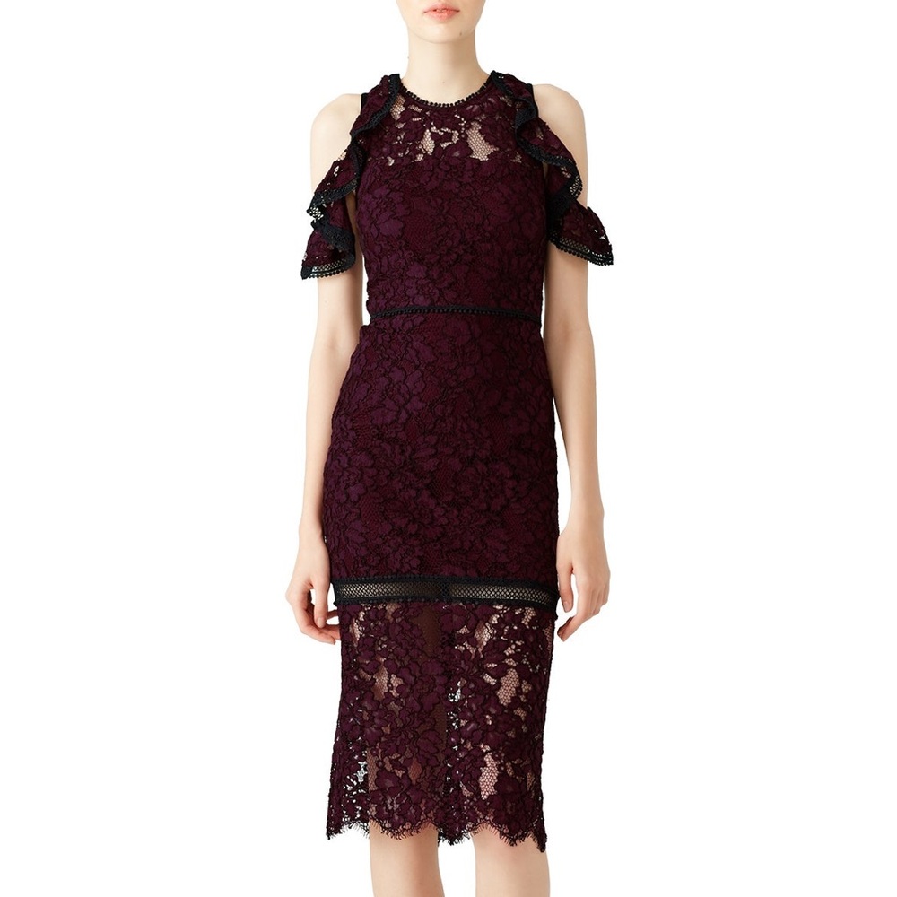 Alexis Burgundy Red Open Shoulder Evie Lace Midi Sheath Dress EUC Size Medium